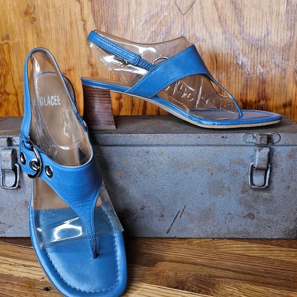 Glacee Women's Blue Thong Heeled Sandal Leather Open Toe Block Heel Size 9 - Picture 1 of 10